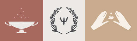 Collection of vector logos with Ancient Greek Aesthetics. Logotype with magic bowl. Wreath with Psi symbol. Hands with lotos. Hand drawn vector illustration.のイラスト素材
