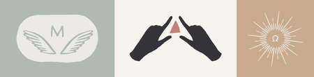 Collection of vector logos with Ancient Greek Aesthetics. Logotype with winged monogram. Omega symbol with sunbursts. Hands with triangle. Hand drawn vector illustration.のイラスト素材