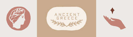 Collection of vector logos with Ancient Greek Aesthetics. Olive branch symbol. Logotype with portrait of Greek god. Hand with a star. Hand drawn vector illustration, linear style, line drawing.のイラスト素材