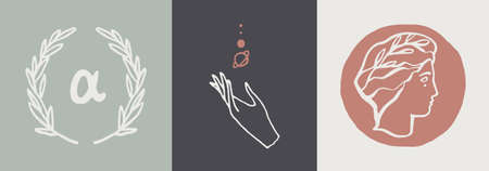 Collection of vector logos with Ancient Greek Aesthetics. Wreath with Alpha symbol. Logotype with portrait of Greek god. Hand with planets. Hand drawn vector illustration, linear style, line drawing.のイラスト素材