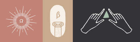 Collection of vector logos with Ancient Greek Aesthetics. Logotype templates with omega and beta symbols, pillar, sunburst, hands with triangle. Hand drawn vector illustration, linear style.のイラスト素材