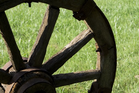 wooden wheel is on a green grassの写真素材