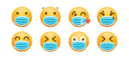Realistic Cute Emoticons with Face Mask on White Background . Isolated Vector Illustrationのイラスト素材