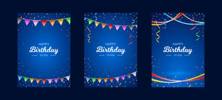 Set of Happy Birthday Vertical Poster with Colorful Balloons , Confetti and Streamers on Dark Background . Isolated Vector Elementsのイラスト素材