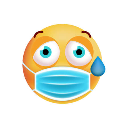 Realistic Cute Emoticon with Face Mask on White Background . Isolated Vector Illustrationのイラスト素材