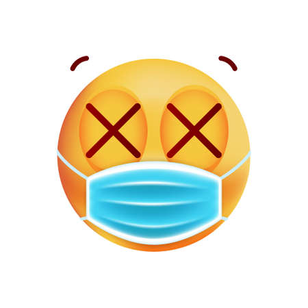 Realistic Cute Emoticon with Face Mask on White Background . Isolated Vector Illustrationのイラスト素材