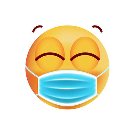 Realistic Cute Emoticon with Face Mask on White Background . Isolated Vector Illustrationのイラスト素材