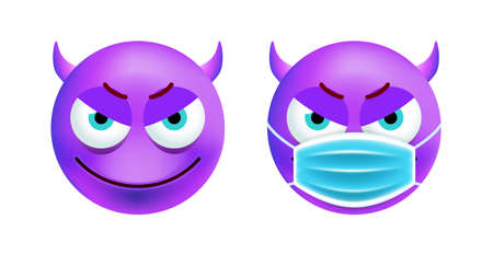 Realistic Cute Emoticon with Face Mask on White Background . Isolated Vector Illustrationのイラスト素材