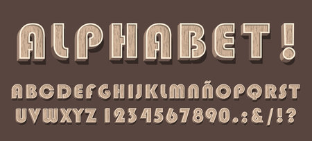 High Quality Vintage Wooden Alphabet and Numbers on Color Background . Isolated Vector Elementsのイラスト素材