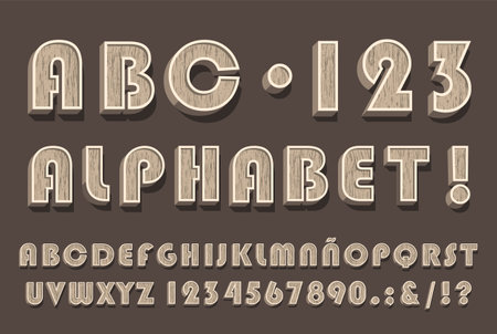 High Quality Vintage Wooden Alphabet and Numbers on Color Background . Isolated Vector Elementsのイラスト素材