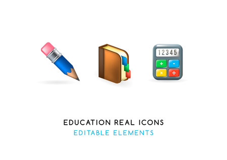 Set of Real Cute Education Elements on White Background . Isolated Vector Illustrationのイラスト素材