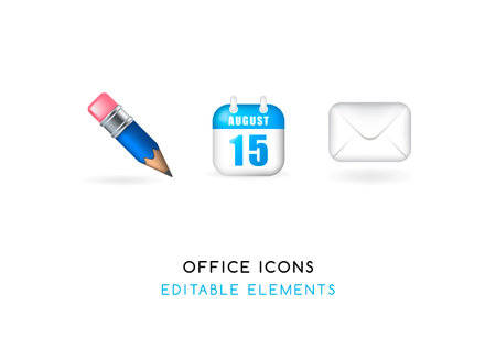 Set of Real Cute Office Elements on White Background . Isolated Vector Illustrationのイラスト素材