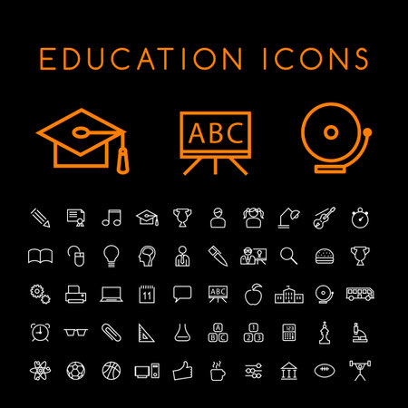 Set of 50 Minimal Thin Line White Education Icons on Black Background. Isolated Vector Elementsのイラスト素材