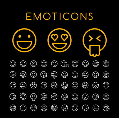 Set of 50 Minimal Thin Line White Emoticons Icons on Black Background. Isolated Vector Elementsのイラスト素材