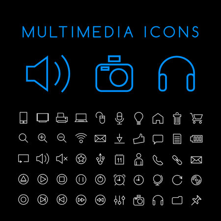 Set of 50 Minimal Thin Line White Multimedia Icons on Black Background. Isolated Vector Elementsのイラスト素材
