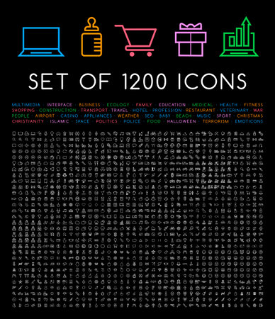 Set of 1200 Minimal White Icons on Black Backgroundのイラスト素材