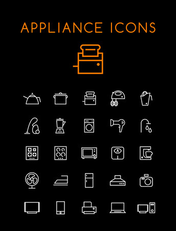 Set of Quality Isolated Universal Standard Minimal Simple Home Appliances White Thin Line Icons on Black Backgroundのイラスト素材