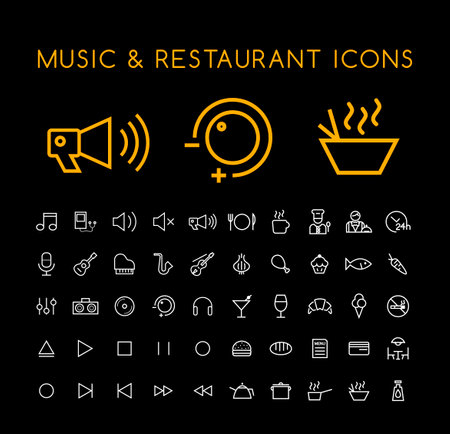 Set of 50 Minimal Thin Line White Music and Restaurant Icons on Black Background. Isolated Vector Elementsのイラスト素材