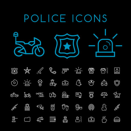 Set of 50 Minimal Thin Line White Police Icons on Black Background. Isolated Vector Elementsのイラスト素材