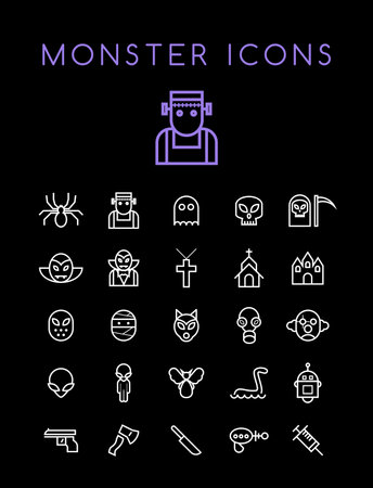 Set of Quality Universal Standard Minimal Simple White Thin Line Monsters Icons on Black Backgroundのイラスト素材