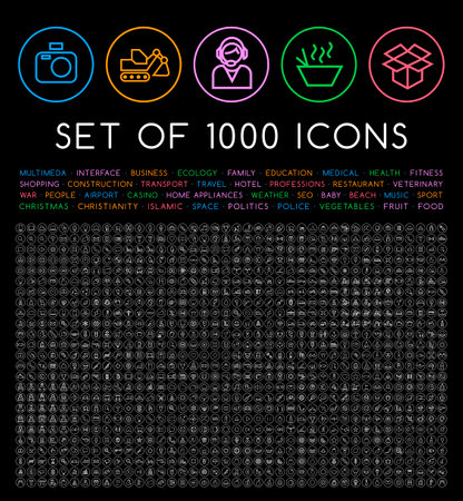 Set of 1000 Isolated Minimal Modern Simple Elegant White Stroke Icons on Circular Buttons on Black Backgroundのイラスト素材