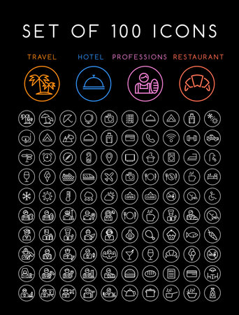 Set of 100 Universal Minimal Black Thin Line Icons on Circular Buttons on White Background (Travel Hotel Professions and Restaurant)のイラスト素材