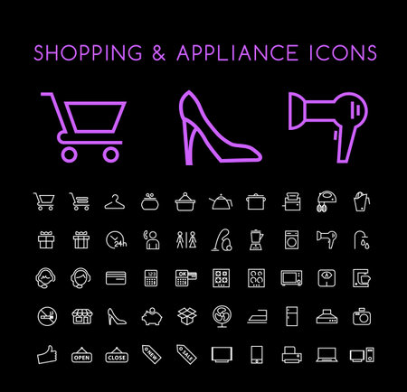 Set of 50 Minimal Thin Line White Shopping and Appliances Icons on Black Background. Isolated Vector Elementsのイラスト素材