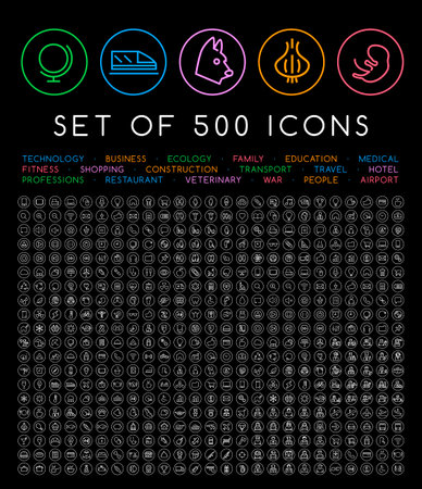 500 Universal Thin Line White Icons on Circular Buttons on Black Backgroundのイラスト素材