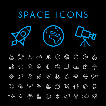 Set of 50 Minimal Thin Line White Space Icons on Black Background. Isolated Vector Elementsのイラスト素材