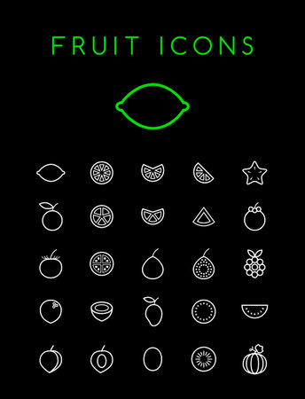 Set of Quality Isolated Universal Standard Minimal Simple White Thin Line Fruit Icons on Black Backgroundのイラスト素材