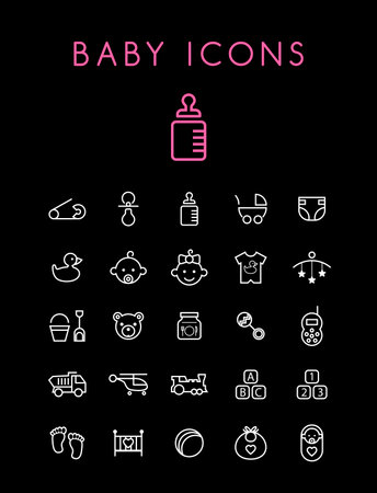 Set of Quality Universal Standard Minimal Simple White Thin Line Family Icons on Black Backgroundのイラスト素材