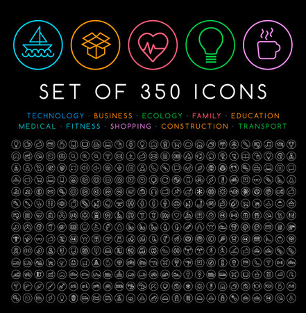 Set of 350 Modern Neon Thin Stroke Colored Icons on Circular Buttons on Black Background.のイラスト素材
