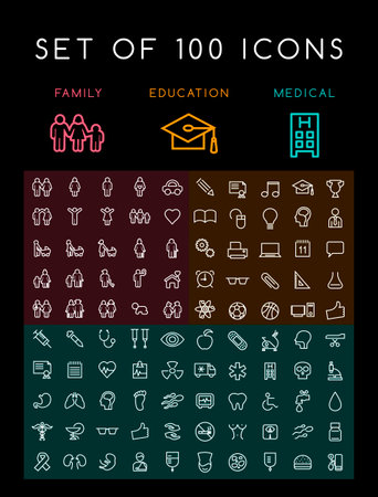 Set of 100 Universal Minimal White Stroke Icons on Black Background ( Education School Family People and Medical )のイラスト素材