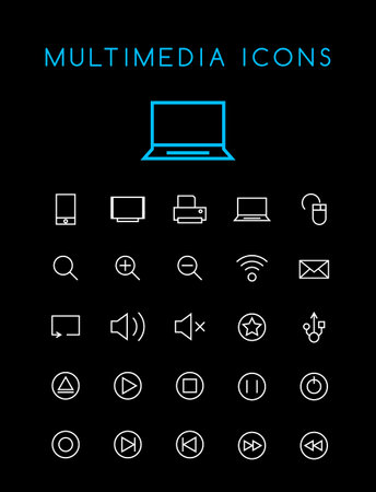 Set of Minimal Simple Multimedia and Interface Thin Line Icons on Black Backgroundのイラスト素材
