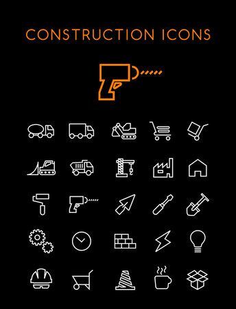 Set of Quality Universal Standard Minimal Simple Construction White Thin Line Icons on Black Backgroundのイラスト素材