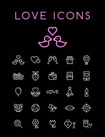 Set of Quality Universal Standard Minimal Simple White Thin Line Love Icons on Black Backgroundのイラスト素材