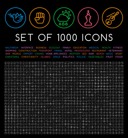 Set of 1000 Isolated Minimal Modern Simple Elegant White Stroke Icons on Circular Buttons on Black Backgroundのイラスト素材