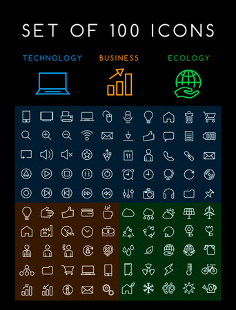 Set of 100 Minimal Modern Elegant White Stroke Icons on Black Background (Interface Multimedia Business and Ecology)のイラスト素材