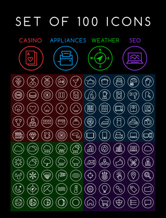 Set of 100 Minimal Universal Modern Elegant White Thin Line Icons on Circular Buttons (Casino Home Appliances Weather SEO and Development) on Black Backgroundのイラスト素材