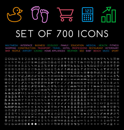 Set of 700 Minimal Universal Isolated Modern Elegant Thin Line Icons on Black Background. Isolated Vector Elementsのイラスト素材