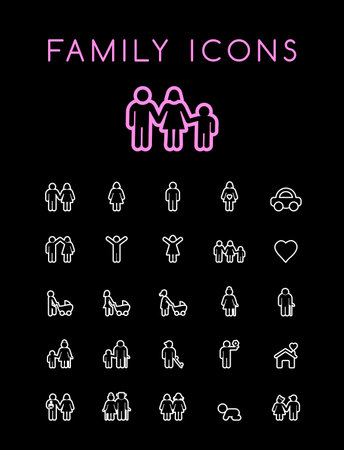 Set of Quality Universal Standard Minimal Simple White Thin Line Family Icons on Black Backgroundのイラスト素材