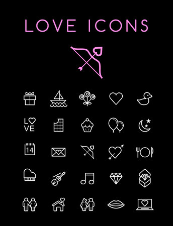 Set of Quality Universal Standard Minimal Simple White Thin Line Love Icons on Black Backgroundのイラスト素材