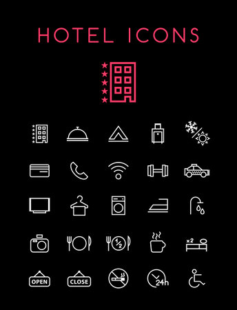 Set of Quality Universal Standard Minimal Simple Hotel White Thin Line Icons on Black Backgroundのイラスト素材