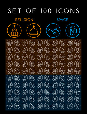 Set of 100 Minimal Universal Modern Elegant White Thin Line Icons on Circular Buttons ( Christian Islamic and Space ) on Black Backgroundのイラスト素材