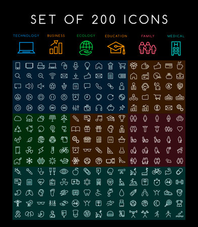 Set of 200 Minimal Modern White Thin Stroke Icons on Black Background (Multimedia Business Ecology Education Family Medical Fitness)のイラスト素材