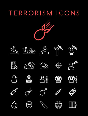 Set of Quality Universal Standard Minimal Simple White Thin Line Terrorism Icons on Black Backgroundのイラスト素材