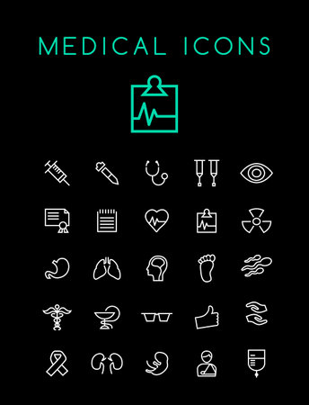Set of Minimal Simple Medical Thin Line Icons on Black Backgroundのイラスト素材