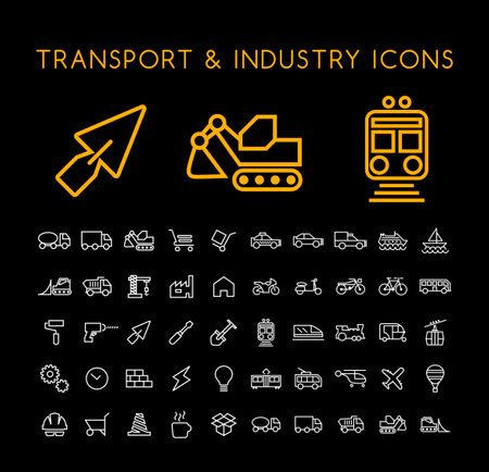 Set of 50 Minimal Thin Line White Industry and Transport Icons on Black Background. Isolated Vector Elementsのイラスト素材