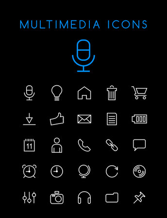 Set of Minimal Simple Multimedia and Interface Thin Line Icons on Black Backgroundのイラスト素材