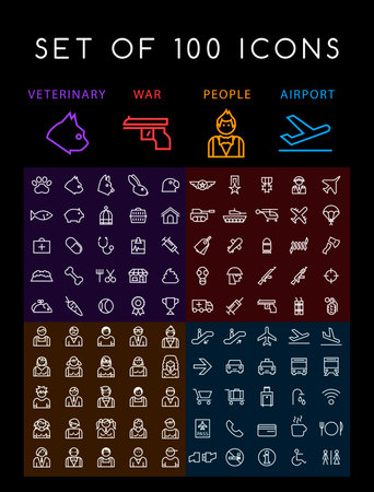 Set of 100 Minimal Universal Modern Elegant White Thin Line Icons (Veterinary War People and Airport) on Black Backgroundのイラスト素材